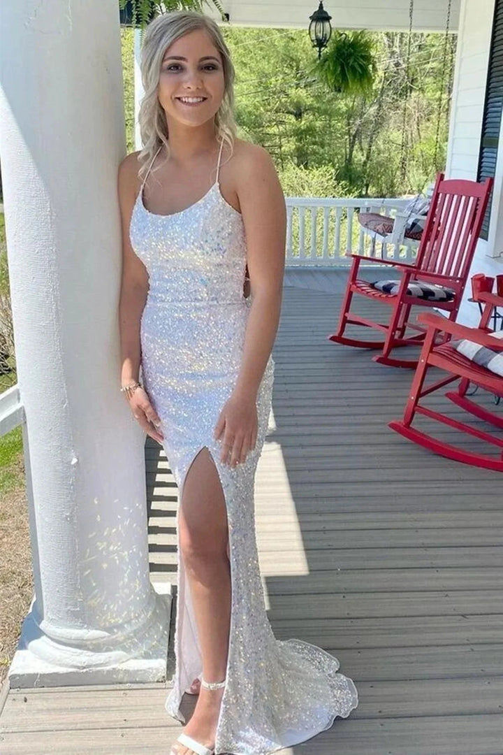 White Sequins Long Prom Dresses Backless Mermaid Formal Dress PSK357 by pgmdress