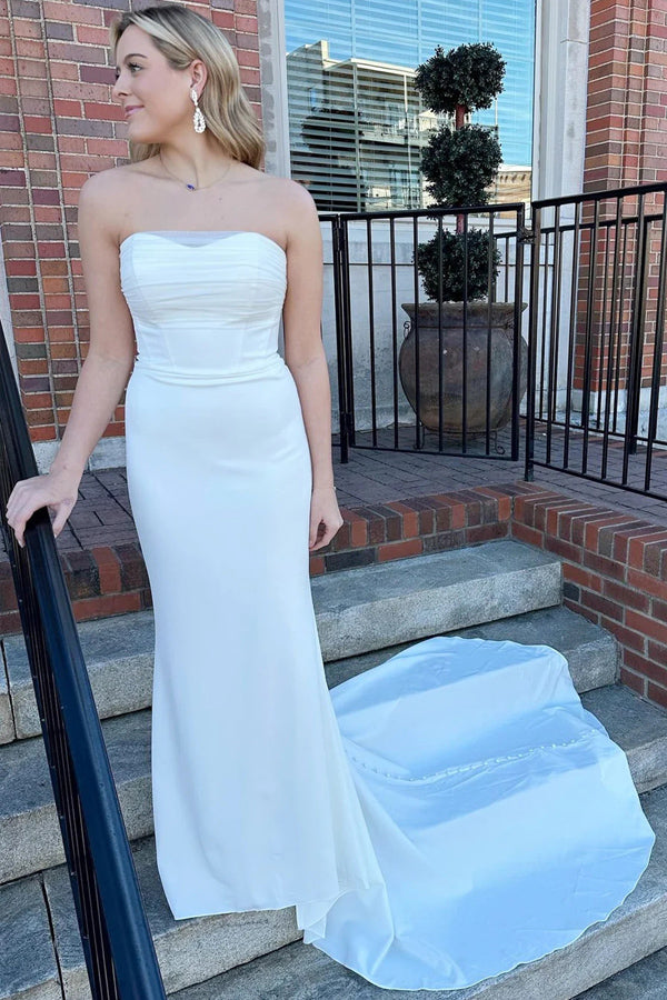 White Strapless Mermaid Long Modest Wedding Dress WD705 Main Image