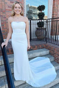 White Strapless Mermaid Long Modest Wedding Dress WD705 by pgmdress