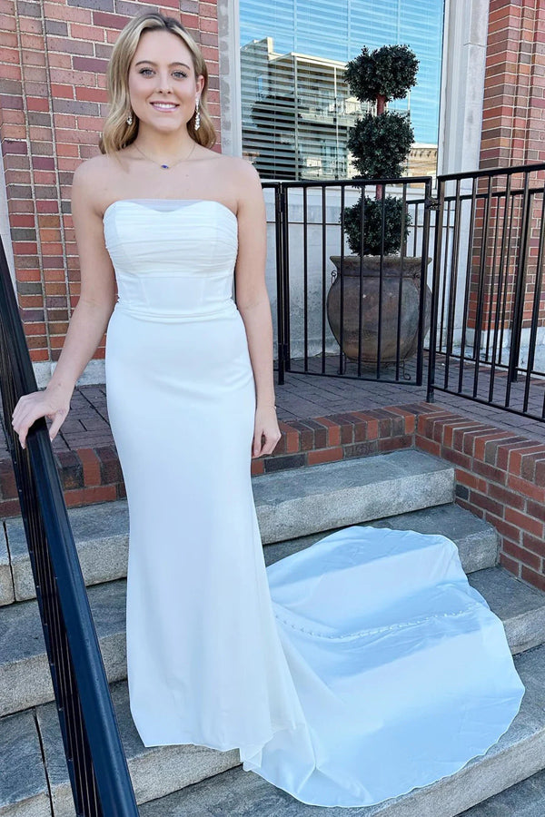 White Strapless Mermaid Long Modest Wedding Dress WD705 Hover Image