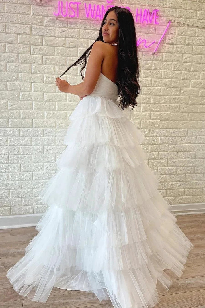 White Strapless Tiered A-Line Long Prom Dress with Ruffles PSK410 by pgmdress