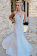 White V-Neck Beading Trumpet Long Wedding Dress Bridal Gown WD661 by pgmdress