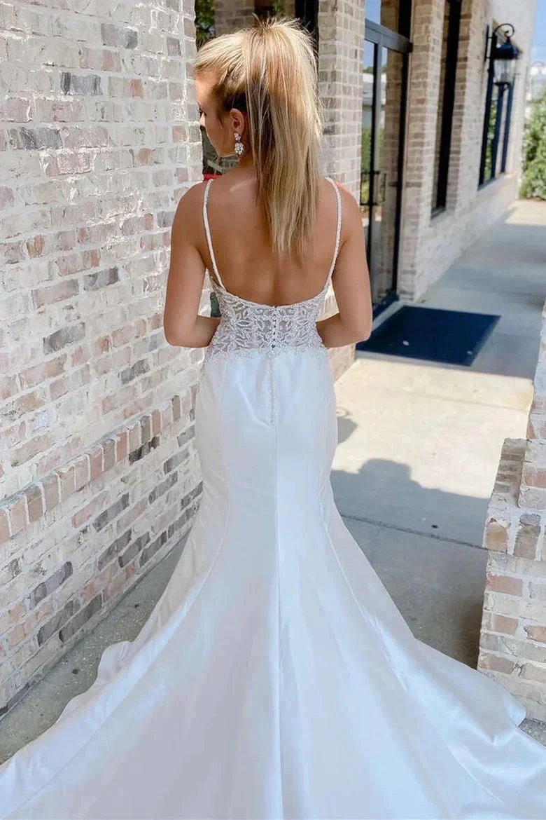 White V-Neck Beading Trumpet Long Wedding Dress Bridal Gown WD661 by pgmdress