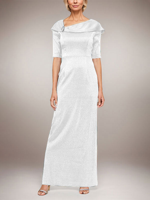 Long Shimmer Column Dress with Foldover Cuff L-Neckline and Elbow Sleeves