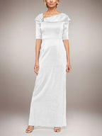 Long Shimmer Column Dress with Foldover Cuff L-Neckline and Elbow Sleeves