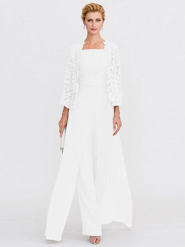 3 Piece Chiffon Square Neck Mother of the Bride Pantsuits with Jacket