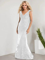 A-line V-Neck Floor-Length Lace Chiffon Mother of the Bride Dress With Applique Sequins Mermaid Dresses by Dreamylily