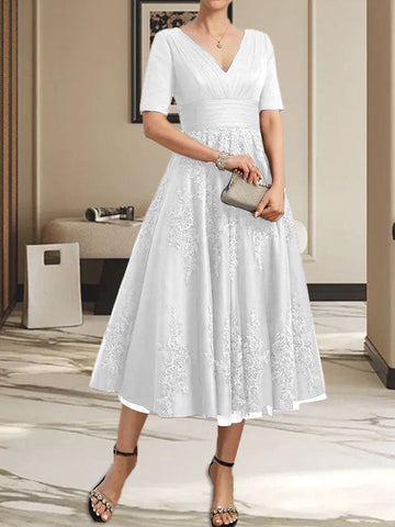 A-line V-Neck Tea-Length Tulle Lace Mother of the Bride Dress With Pleated
