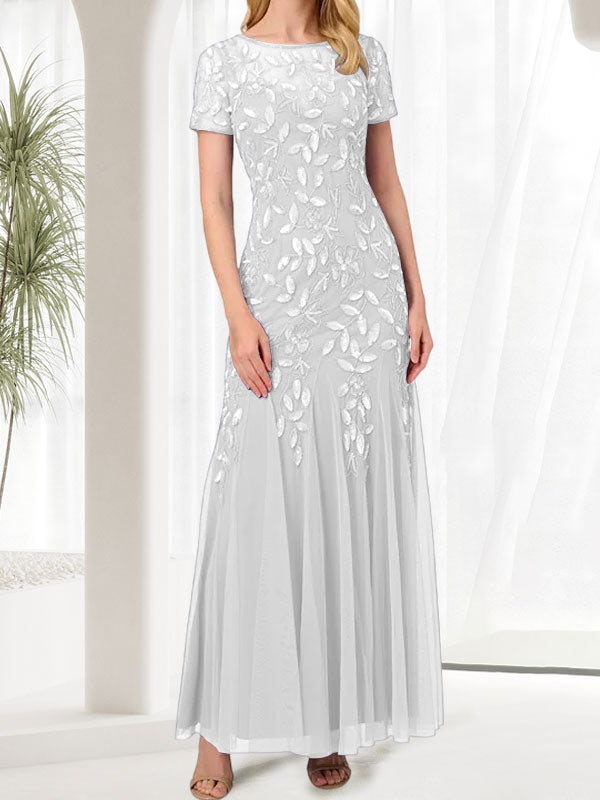 Blue Mermaid Round Neck Long Mother of the Bride Dress With Beadings