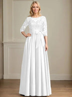 A-line Scoop Illusion Floor-Length Satin Lace Mother of the Bride Dress With Sequins Bow by Dreamylily