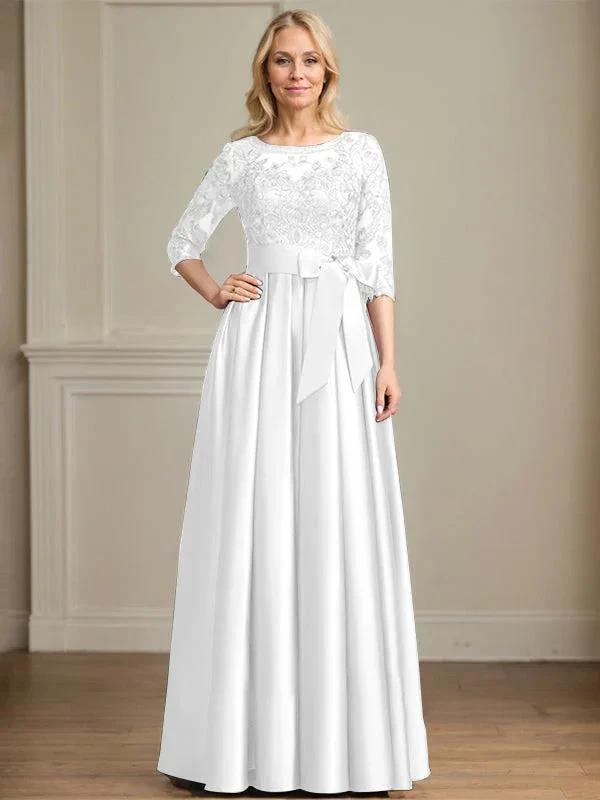 A-line Scoop Illusion Floor-Length Satin Lace Mother of the Bride Dress With Sequins Bow by Dreamylily