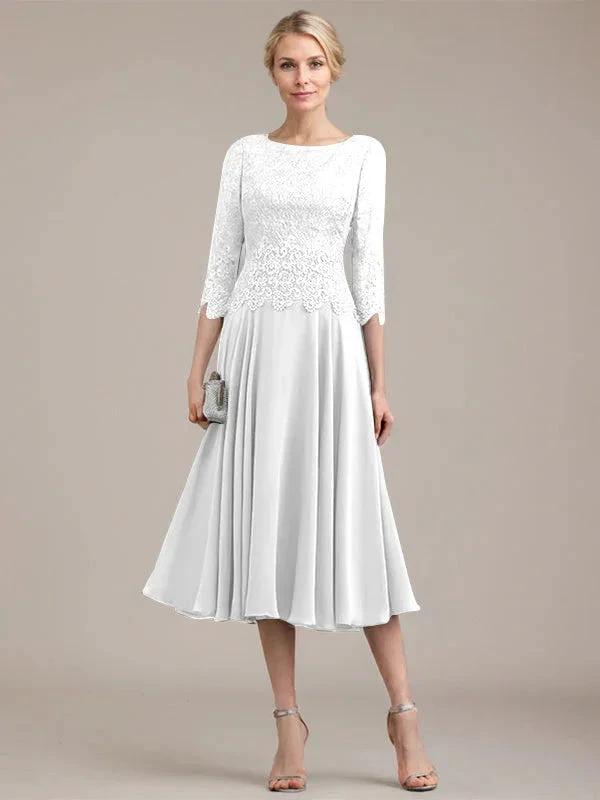 A-line Scoop Tea-Length Lace Chiffon Mother of the Bride Dress by Dreamylily