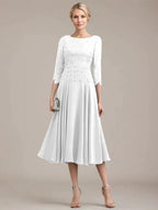 A-line Scoop Tea-Length Lace Chiffon Mother of the Bride Dress by Dreamylily