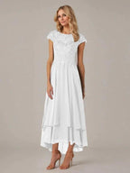A-line Boat Neck Illusion Asymmetrical Chiffon Lace Mother of the Bride Dress With Applique Pleats by Dreamylily