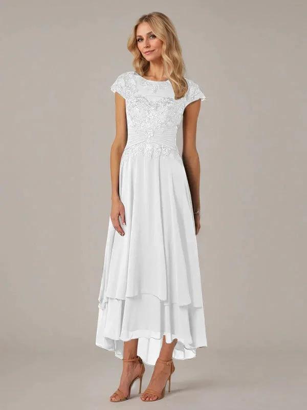 A-line Boat Neck Illusion Asymmetrical Chiffon Lace Mother of the Bride Dress With Applique Pleats by Dreamylily