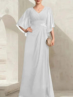 Sheath/Column V-Neck Floor-Length Chiffon Mother of the Bride Dress With Pleated Sequins Beading by Dreamylily