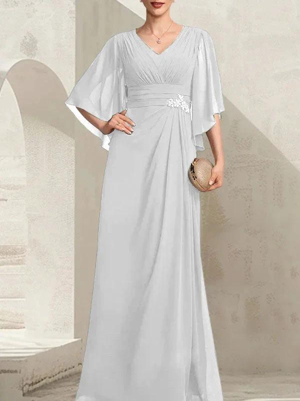 Sheath/Column V-Neck Floor-Length Chiffon Mother of the Bride Dress With Pleated Sequins Beading by Dreamylily