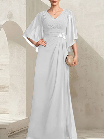 Vestido de gasa para madre de la novia, con escote en V, largo hasta el suelo, con lentejuelas plisadas y abalorios