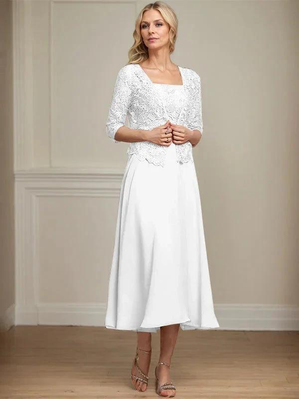A-line Square Tea-Length Chiffon Lace Mother of the Bride Dress With Sequins Beading by Dreamylily