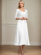 A-line Square Tea-Length Chiffon Lace Mother of the Bride Dress With Sequins Beading by Dreamylily