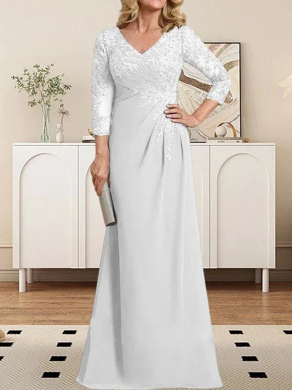Sheath/Column V-Neck Illusion Floor-Length Lace Chiffon Mother of the Bride Dress With Pleated Sequins by Dreamylily