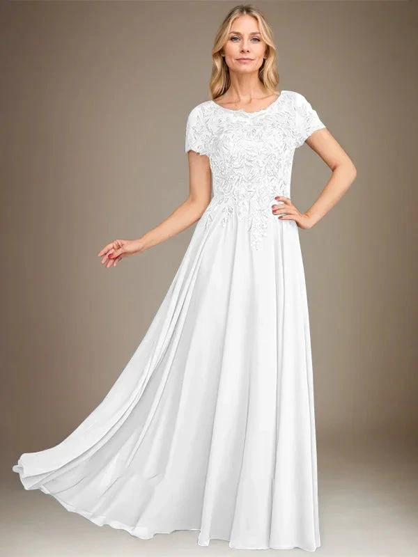 A-Line Scoop Floor-Length Chiffon Mother of the Bride Dress With Applique & Sequins by Dreamylily