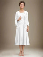 A-line Scoop Tea-Length Lace Chiffon Mother of the Bride Dress With Sequins by Dreamylily