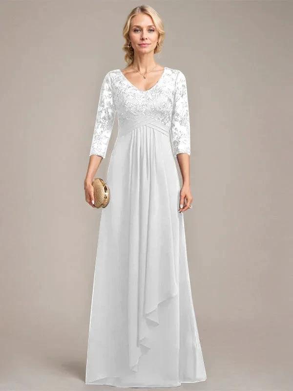 A-line V-Neck Floor-Length Lace Chiffon Mother of the Bride Dress With Cascading Ruffles Sequins by Dreamylily