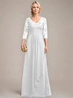 A-line V-Neck Floor-Length Lace Chiffon Mother of the Bride Dress With Cascading Ruffles Sequins by Dreamylily