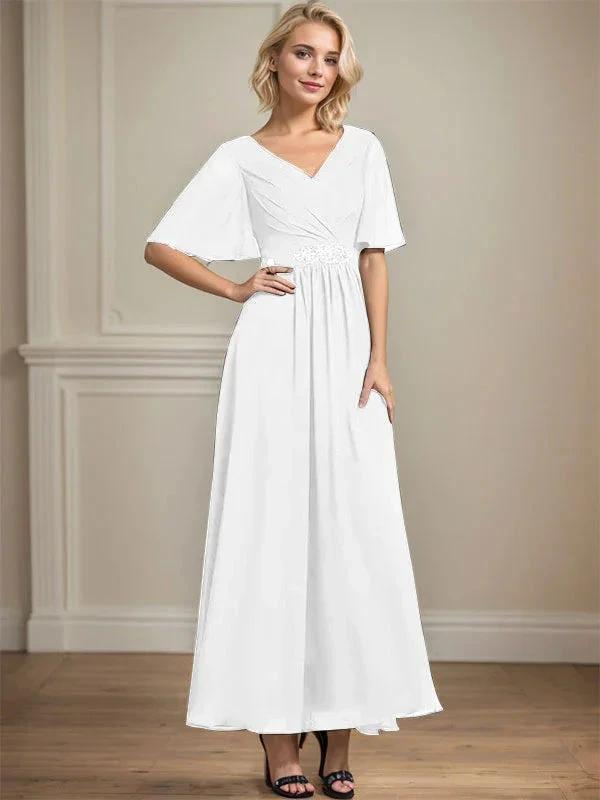 A-line V-Neck Ankle-Length Chiffon Mother of the Bride Dress With Pleated Beading Sequins by Dreamylily