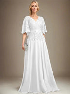 A-line V-Neck Floor-Length Chiffon Lace Mother of the Bride Dress With Crystal Brooch Rhinestone by Dreamylily