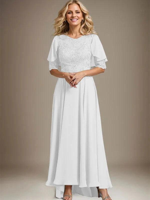 A-line Scoop Illusion Asymmetrical Chiffon Lace Mother of the Bride Dress With Beading by Dreamylily