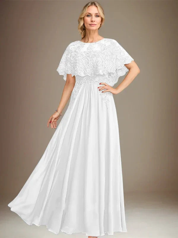 A-line Boat Neck Floor-Length Lace Chiffon Mother of the Bride Dress With Applique Sequins by Dreamylily