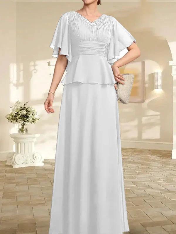 A-line V-Neck Floor-Length Chiffon Mother of the Bride Dress With Pleated Beading by Dreamylily