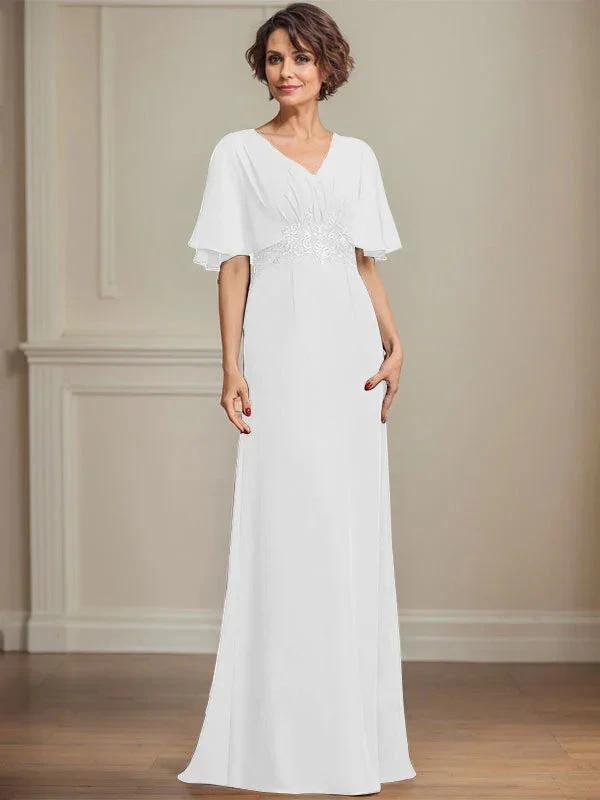 A-line V-Neck Floor-Length Chiffon Mother of the Bride Dress With Pleated Sequins Appliques Lace by Dreamylily