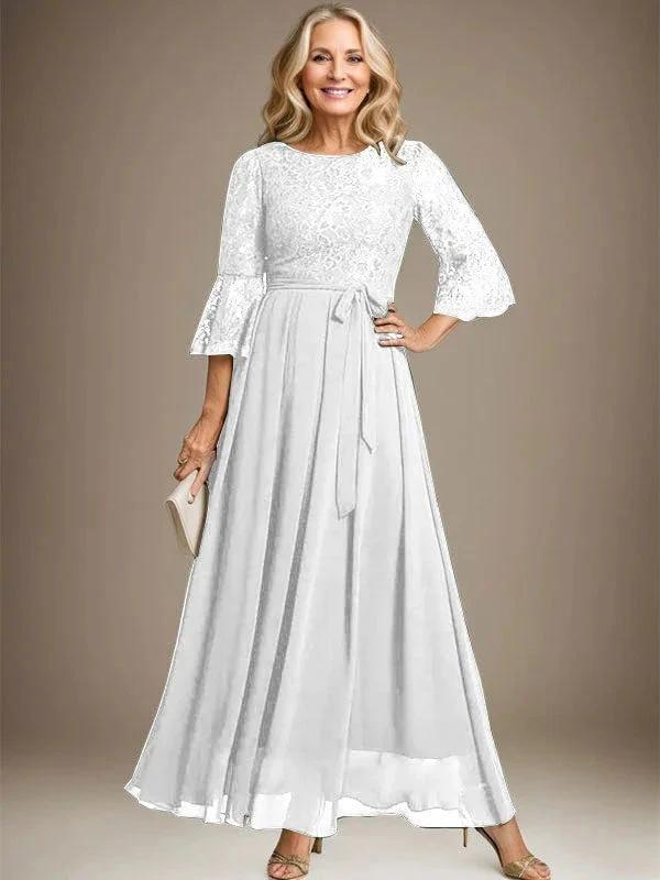 A-line Scoop Ankle-Length Lace Chiffon Mother of the Bride Dress With Bow by Dreamylily