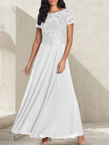 Vestido largo de madre de la novia con escote redondo, corte A, color gris carbón y cuentas
