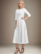 A-line Scoop Tea-Length Lace Chiffon Mother of the Bride Dress With Sequins by Dreamylily