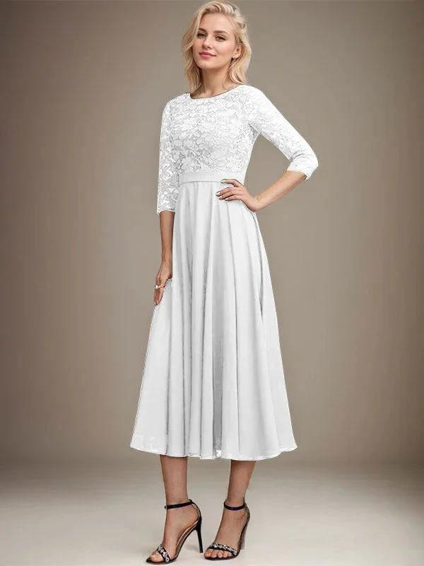 A-line Scoop Tea-Length Lace Chiffon Mother of the Bride Dress With Sequins by Dreamylily