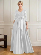 A-line V-Neck Floor-Length Satin Lace Mother of the Bride Dress With Sequins Bow by Dreamylily