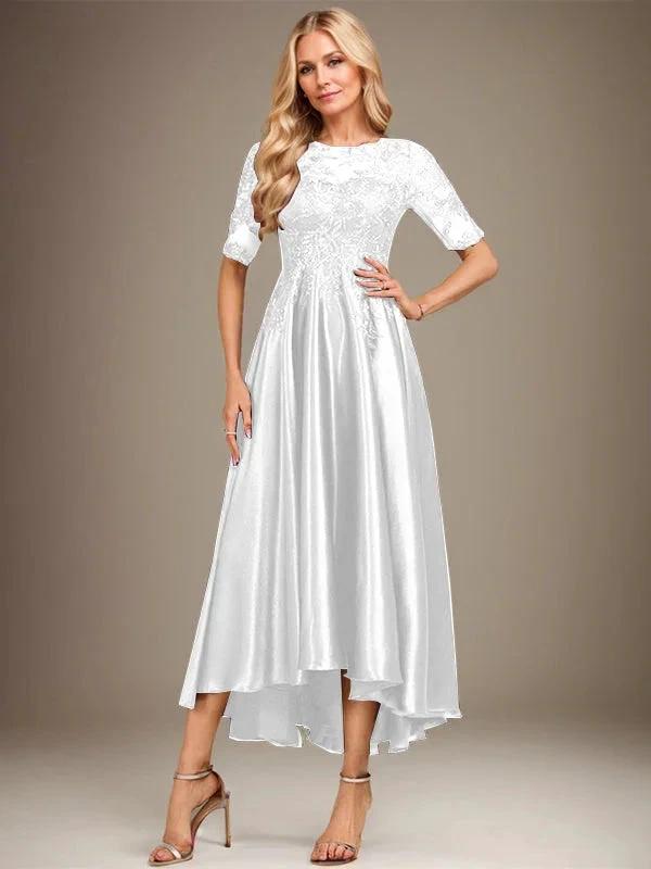 A-line Scoop Illusion Asymmetrical Stretch Satin Lace Mother of the Bride Dress With Sequins by Dreamylily