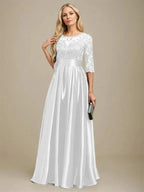 A-line Scoop Illusion Floor-Length Stretch Satin Lace Mother of the Bride Dress With Bow Sequins by Dreamylily