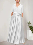 Surplice Neckline Ballgown with Full Satin Skirt & Jersey Bodice by Dreamylily