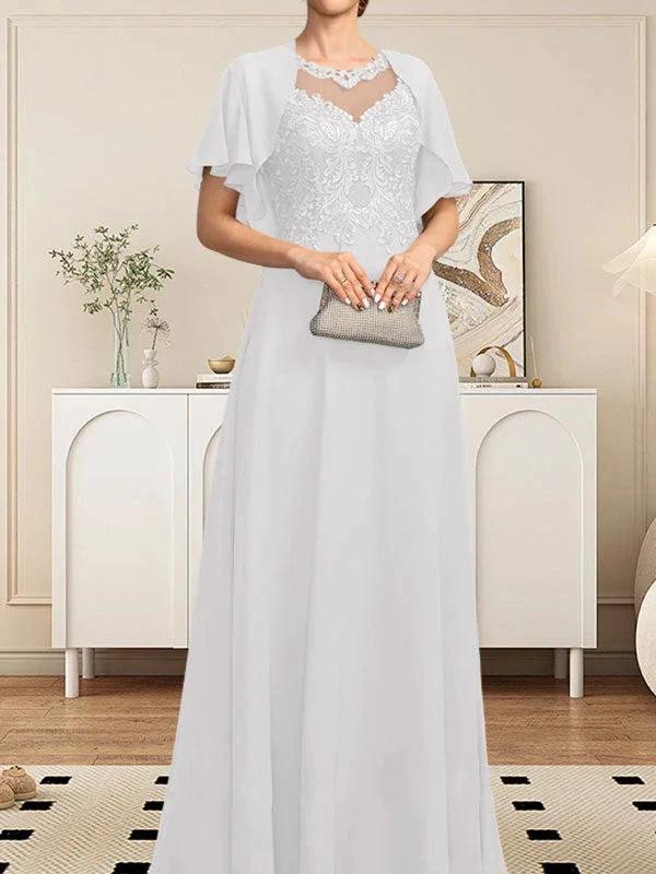 A-line Scoop Illusion Floor-Length Lace Chiffon Mother of the Bride Dress With Sequins by Dreamylily