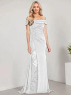 A-Line Off the Shoulder Floor-Length Mother of the Bride Dress Applique Beadings Mermaid Dress With High Split by Dreamylily