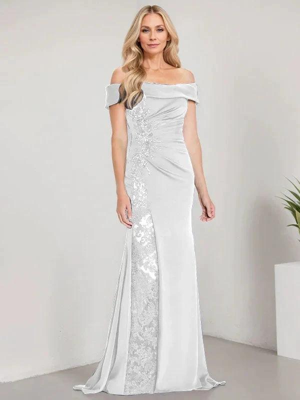 A-Line Off the Shoulder Floor-Length Mother of the Bride Dress Applique Beadings Mermaid Dress With High Split by Dreamylily