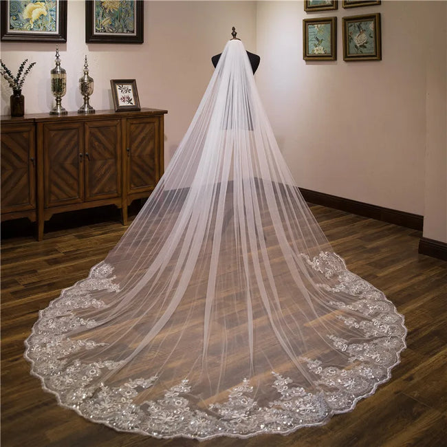 Wholesale white Ivory 3*3 Meter Cathedral wedding veils Lace Appliques Bridal veil Hover Image