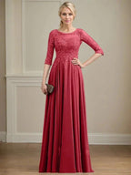 A-line Scoop Illusion Floor-Length Lace Chiffon Mother of the Bride Dress With Sequins by Dreamylily