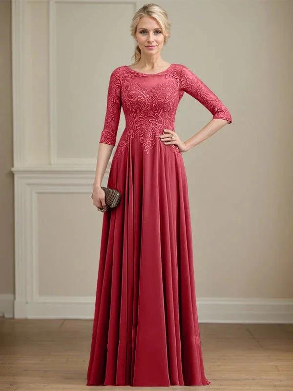 A-line Scoop Illusion Floor-Length Lace Chiffon Mother of the Bride Dress With Sequins by Dreamylily