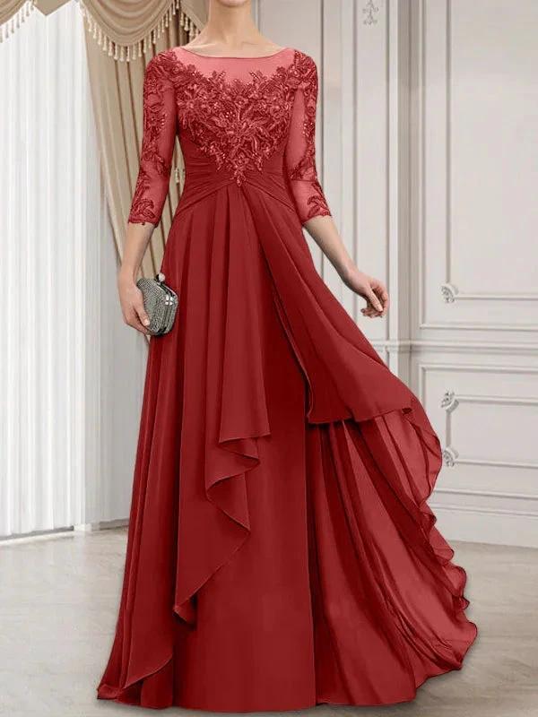 A-line Scoop Illusion Floor-Length Lace Chiffon Mother of the Bride Dress With Cascading Ruffles by Dreamylily